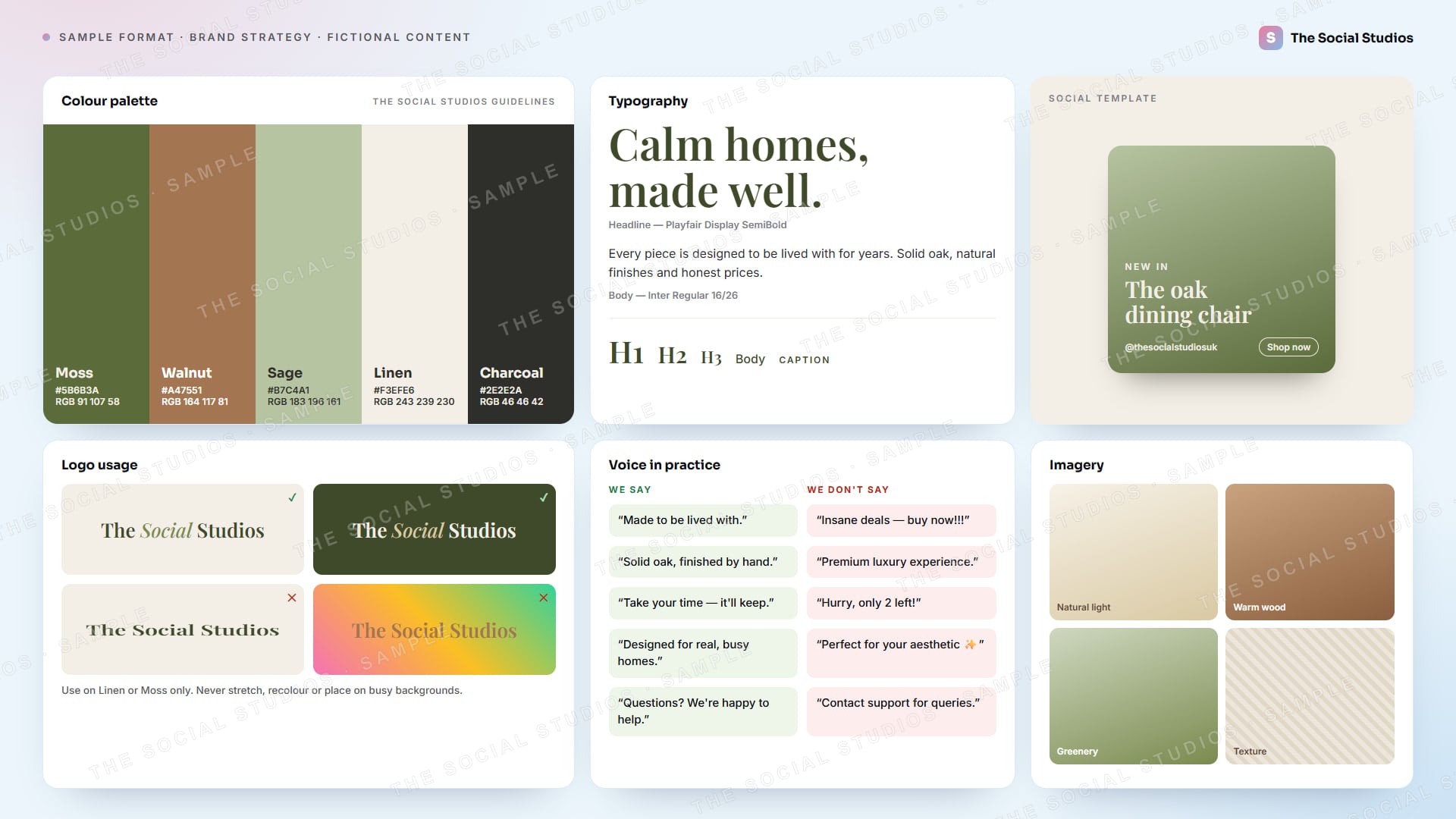 Sample format (illustrative): brand guidelines board for The Social Studios with a five-colour palette, typography scale, logo do's and don'ts, voice examples, a social post template and imagery direction