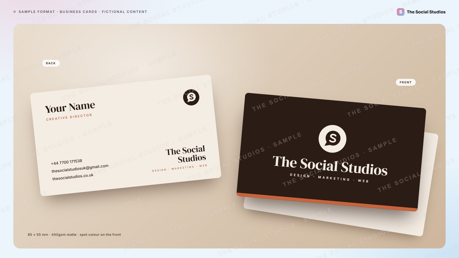 Sample format (illustrative): business card front and back for The Social Studios on a desk, with a Your Name placeholder, Creative Director title and The Social Studios phone, email and website