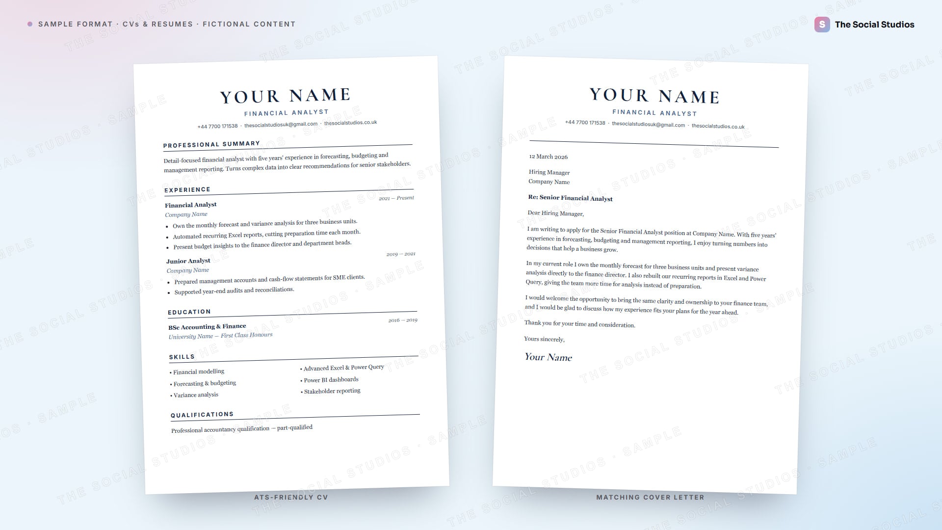 Sample format (illustrative): classic one-column CV beside a matching cover letter, both headed Your Name, with Company Name and University Name placeholders and The Social Studios contact line