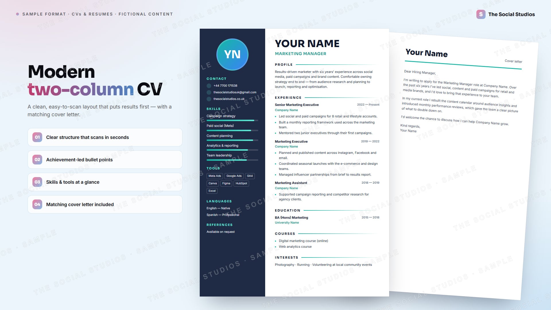 Sample format (illustrative): modern two-column CV headed Your Name, with a YN photo circle, a skills and tools sidebar, Company Name and University Name placeholders and a matching cover letter behind it