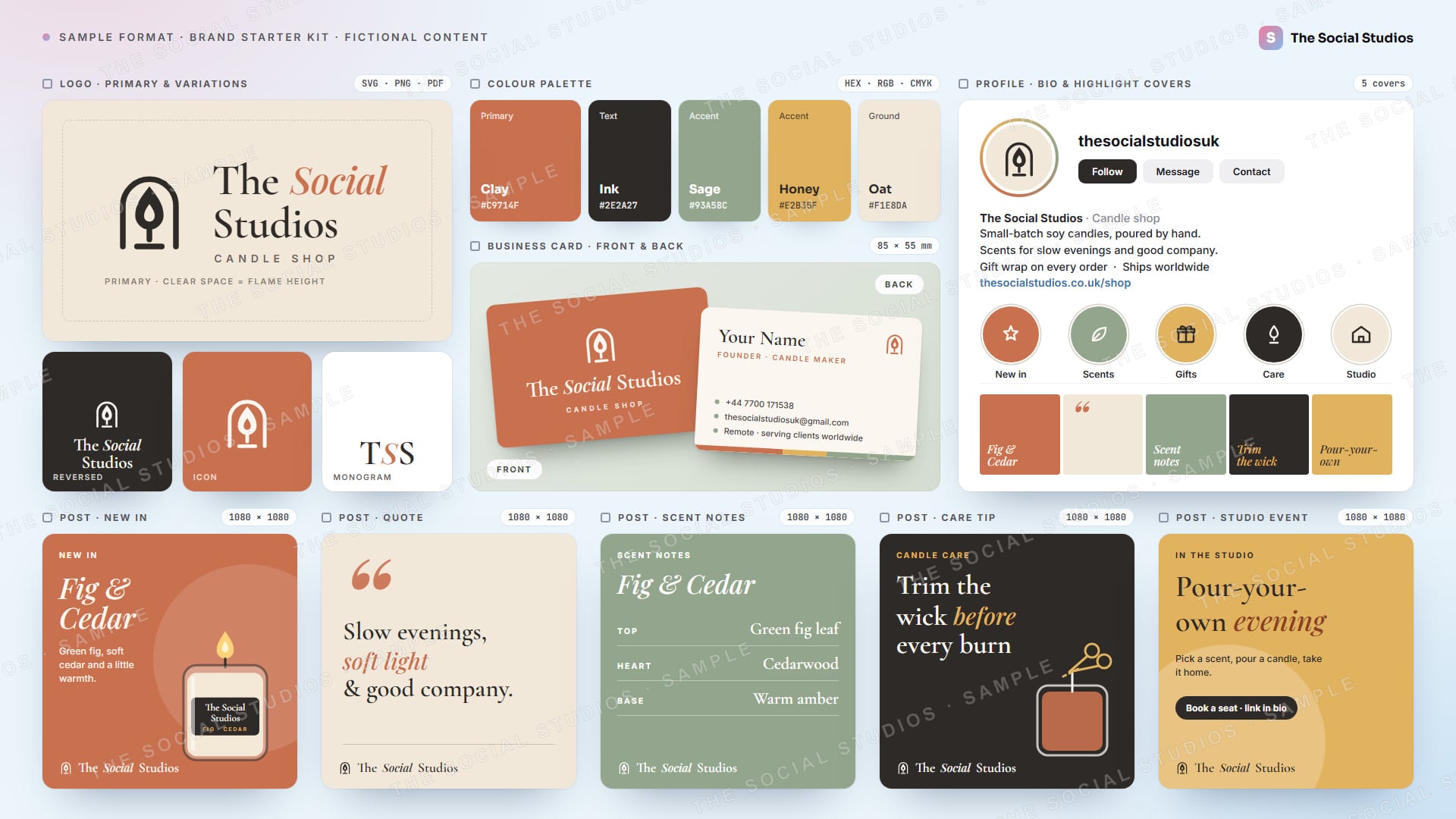 Sample format (illustrative): brand starter kit for The Social Studios, shown as a candle shop, with a primary logo and three variations (reversed, icon, TSS monogram), a five-colour palette, a business card front and back with a Your Name placeholder and The Social Studios contact details, a profile bio with five highlight covers and five social post templates
