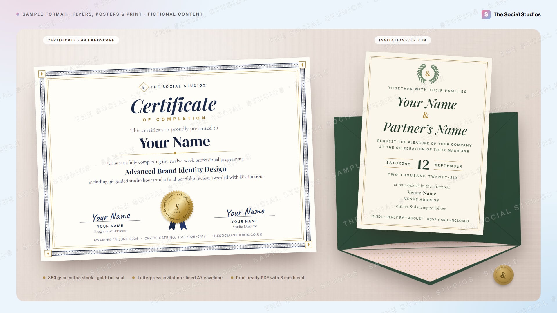 Sample format (illustrative): A4 certificate of completion from The Social Studios with a gold seal and placeholder recipient and signatures, beside a 5 x 7 in wedding invitation with placeholder names and venue on an open lined envelope