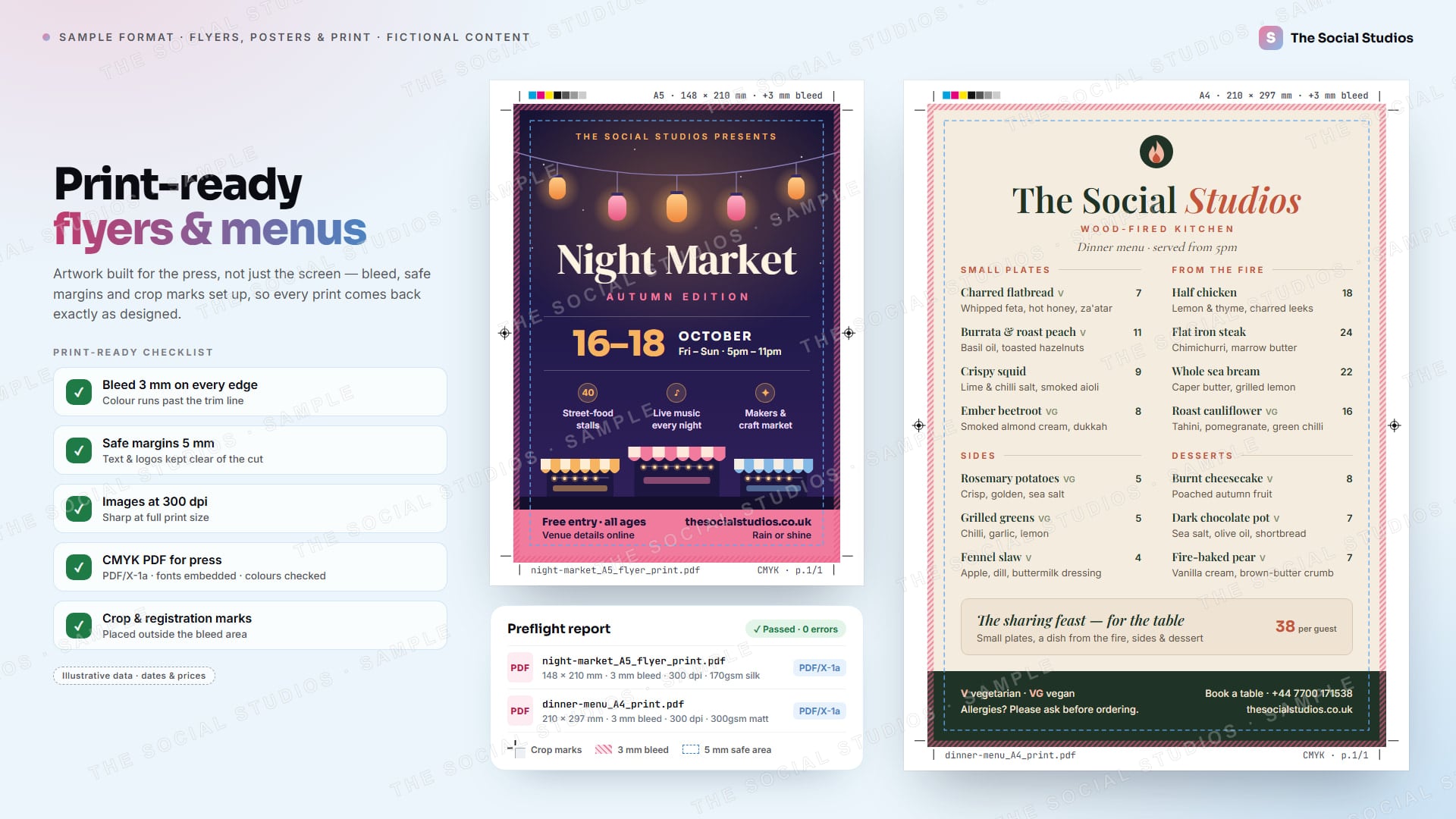 Sample format (illustrative): print-ready A5 autumn night-market flyer and A4 wood-fired kitchen dinner menu for The Social Studios, shown with crop marks, bleed and safe area, plus a preflight report and a print-ready checklist