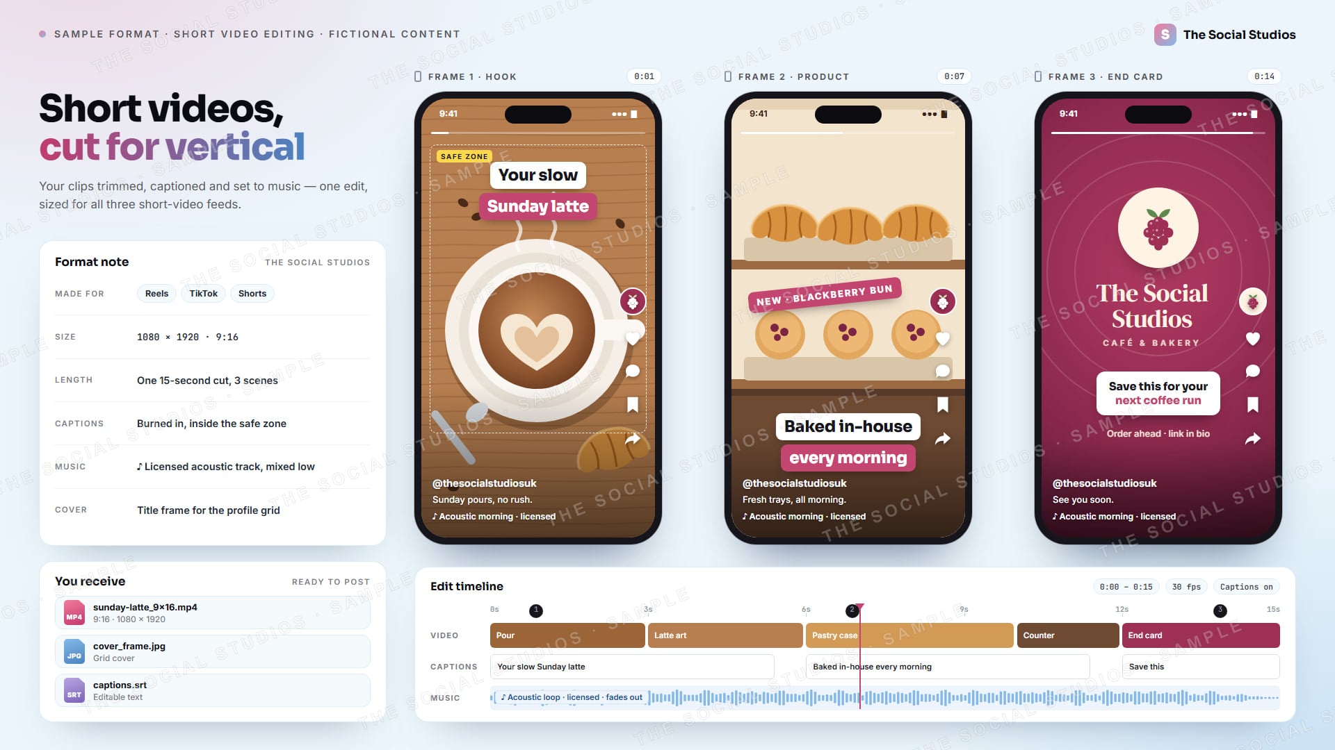 Sample format (illustrative): three vertical 9:16 video frames for The Social Studios, shown as a café and bakery, with burned-in captions inside a safe zone, a format note (Reels · TikTok · Shorts, 1080 × 1920), the delivered MP4, cover and caption files, and an edit timeline with video, caption and music tracks