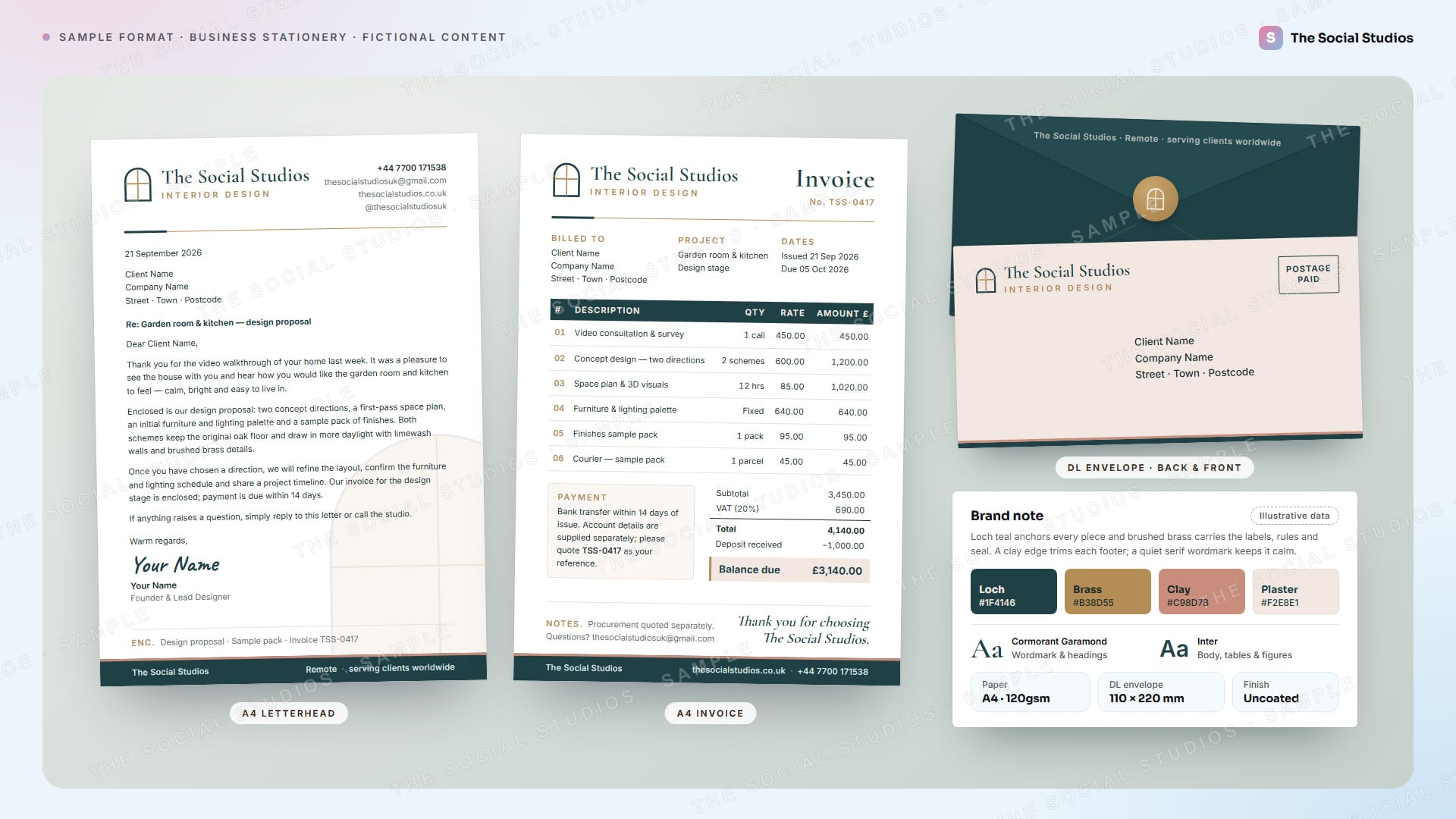Sample format (illustrative): A4 letterhead, A4 invoice and DL envelope (back and front) for The Social Studios styled as an interior-design studio, with placeholder client details, a brand note showing four colour swatches and two typefaces, and illustrative invoice figures