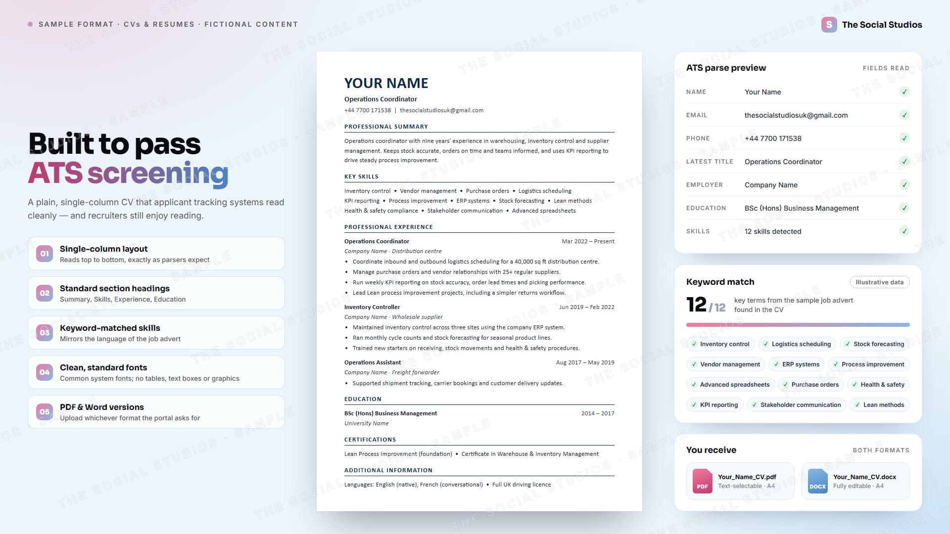 Sample format (illustrative): ATS-friendly one-column CV for an operations coordinator with placeholder name, employers and university, beside an ATS parse preview, a 12-of-12 keyword match panel and PDF and DOCX file cards