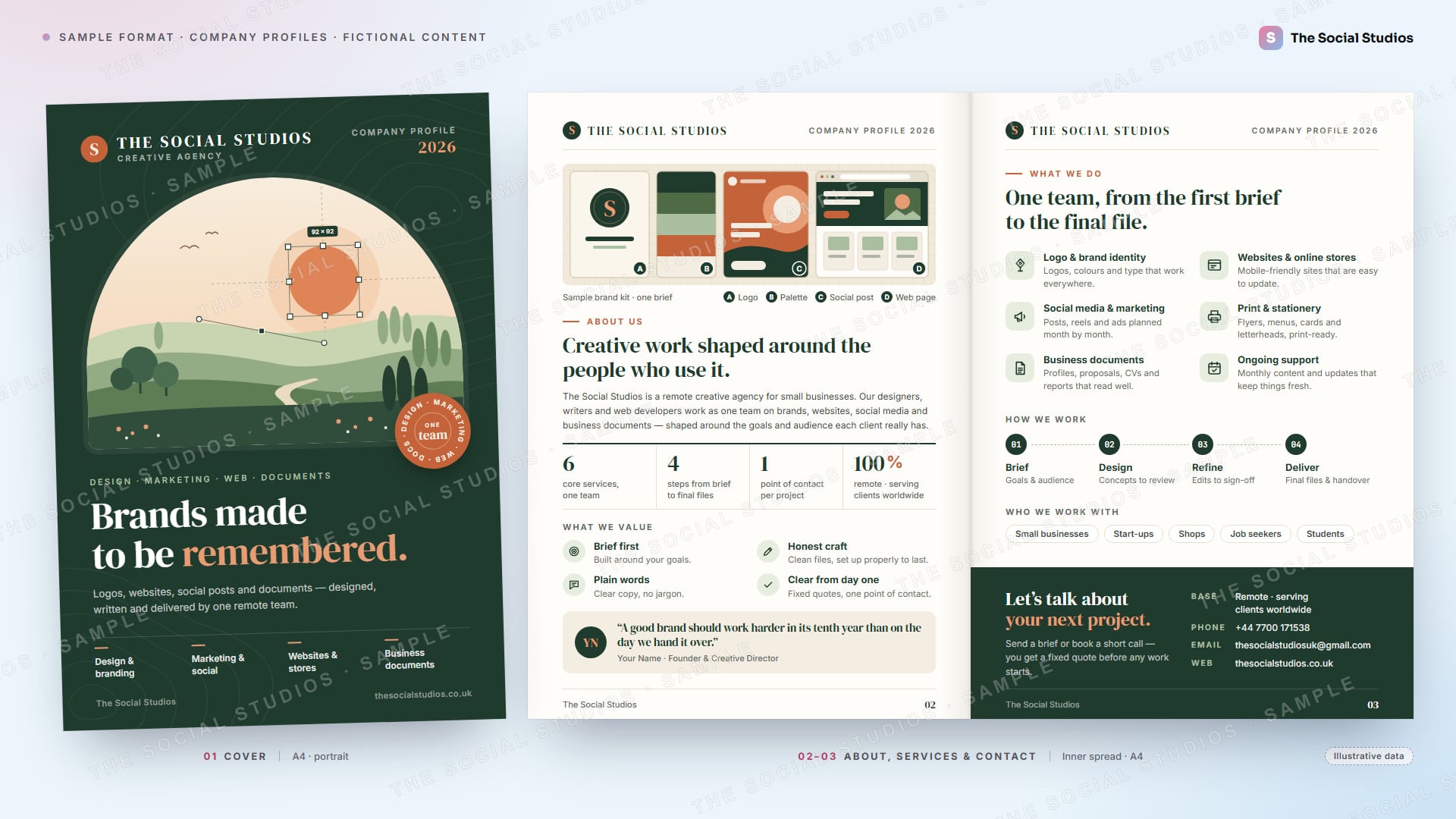 Sample format (illustrative): three-page company profile for The Social Studios as a remote creative agency: an illustrated cover, an about page with a sample brand-kit figure, key numbers, values and a founder quote, and a services, process and contact page
