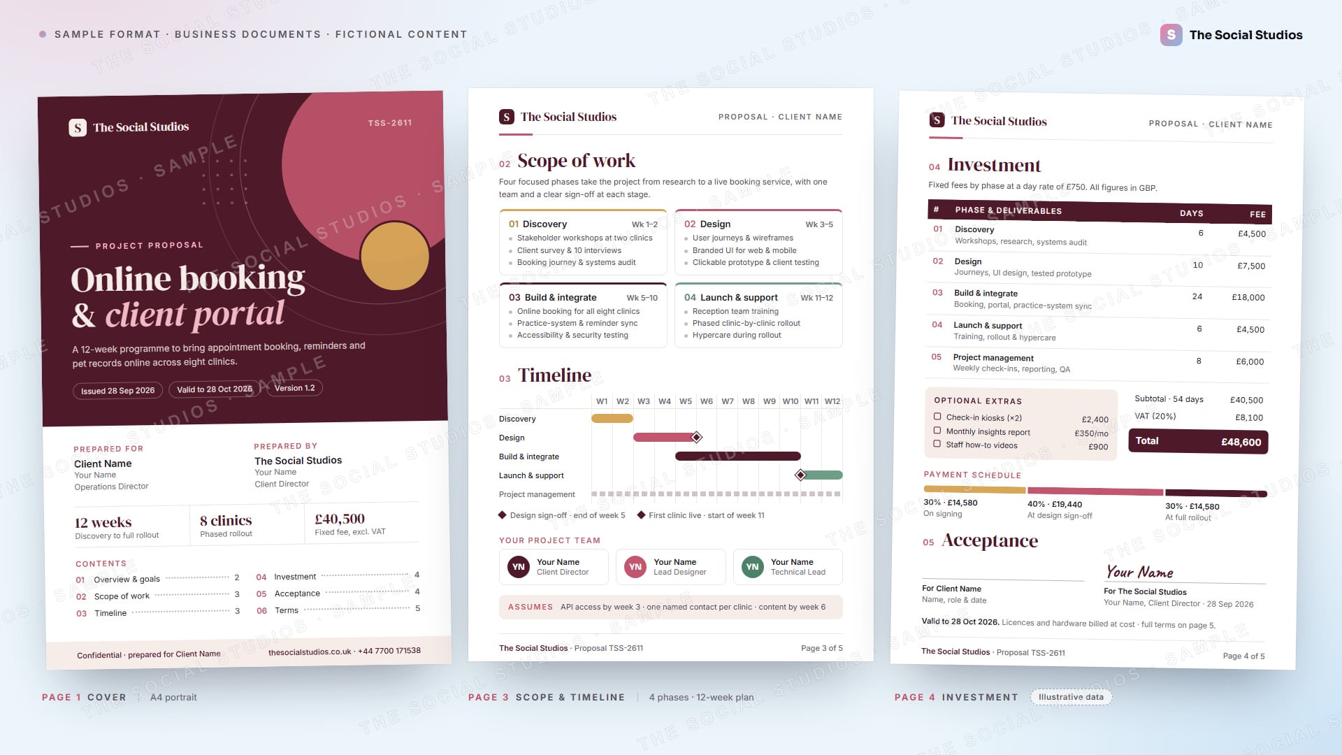Sample format (illustrative): project proposal from The Social Studios to a placeholder client for an online booking and client portal: cover with contents, scope of work with a 12-week timeline and project team, and an investment table with payment schedule and sign-off (illustrative figures)