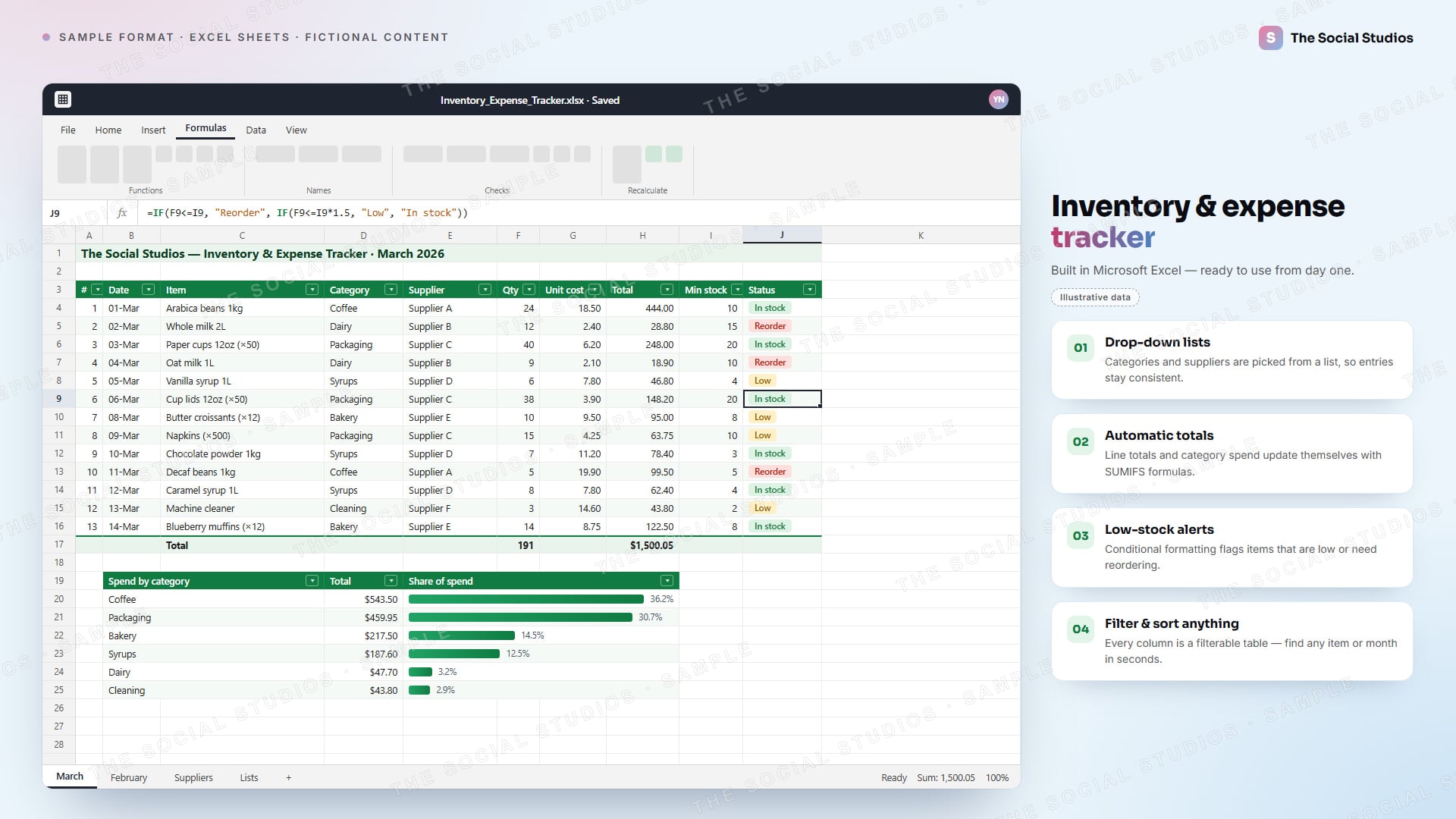 Sample format (illustrative): Excel inventory and expense tracker for The Social Studios with drop-down categories and suppliers (Supplier A to F), stock-status colours, automatic totals and spend by category (illustrative data)