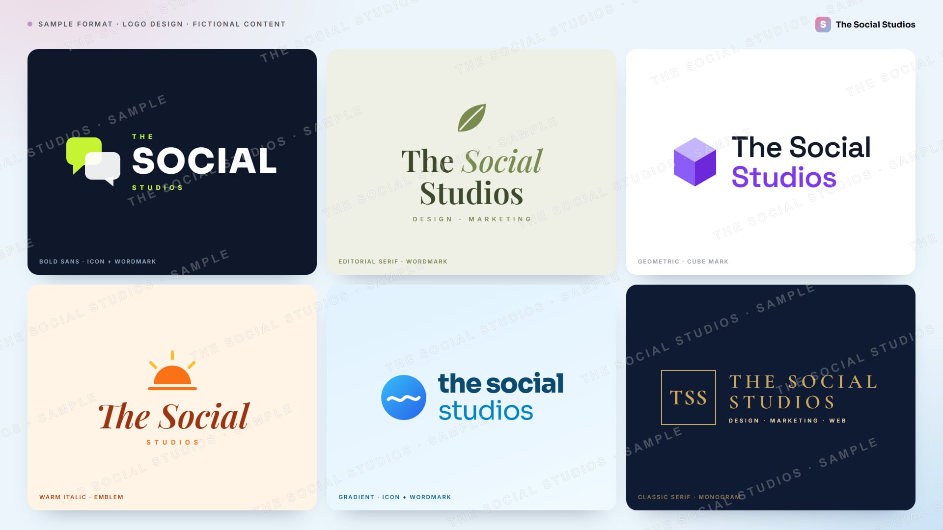 Sample format (illustrative): six logo concept directions for The Social Studios: bold sans with chat-bubble icon, editorial serif with leaf, geometric cube mark, warm italic sunrise emblem, gradient wave icon and classic serif TSS monogram