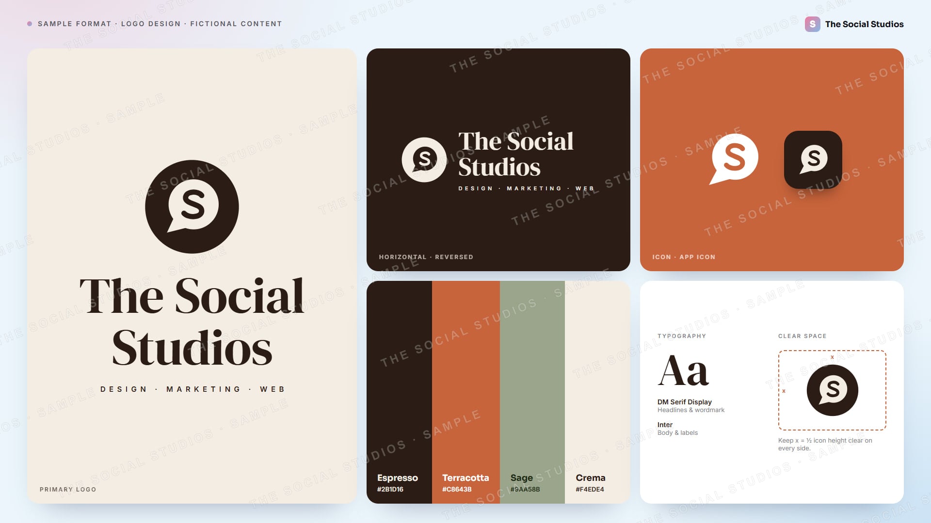 Sample format (illustrative): logo identity sheet for The Social Studios with a speech-bubble S mark, primary serif logo, reversed horizontal lockup, icon and app icon, a four-colour palette, typography and clear-space rules