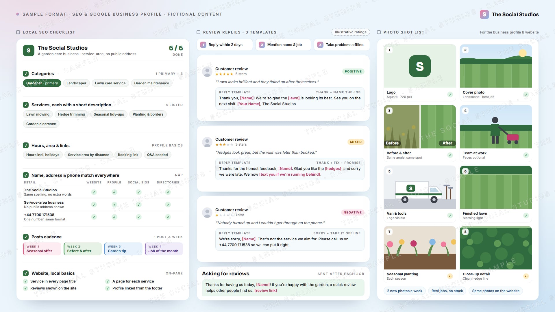 Sample format (illustrative): local SEO checklist for The Social Studios as a garden care business (categories, services, hours and service area, name and phone matching across website, profile, social bios and directories, a weekly post plan and on-page basics), three review-reply templates with [Name] placeholders for positive, mixed and negative reviews, a review-request message and an eight-shot photo list (illustrative ratings)