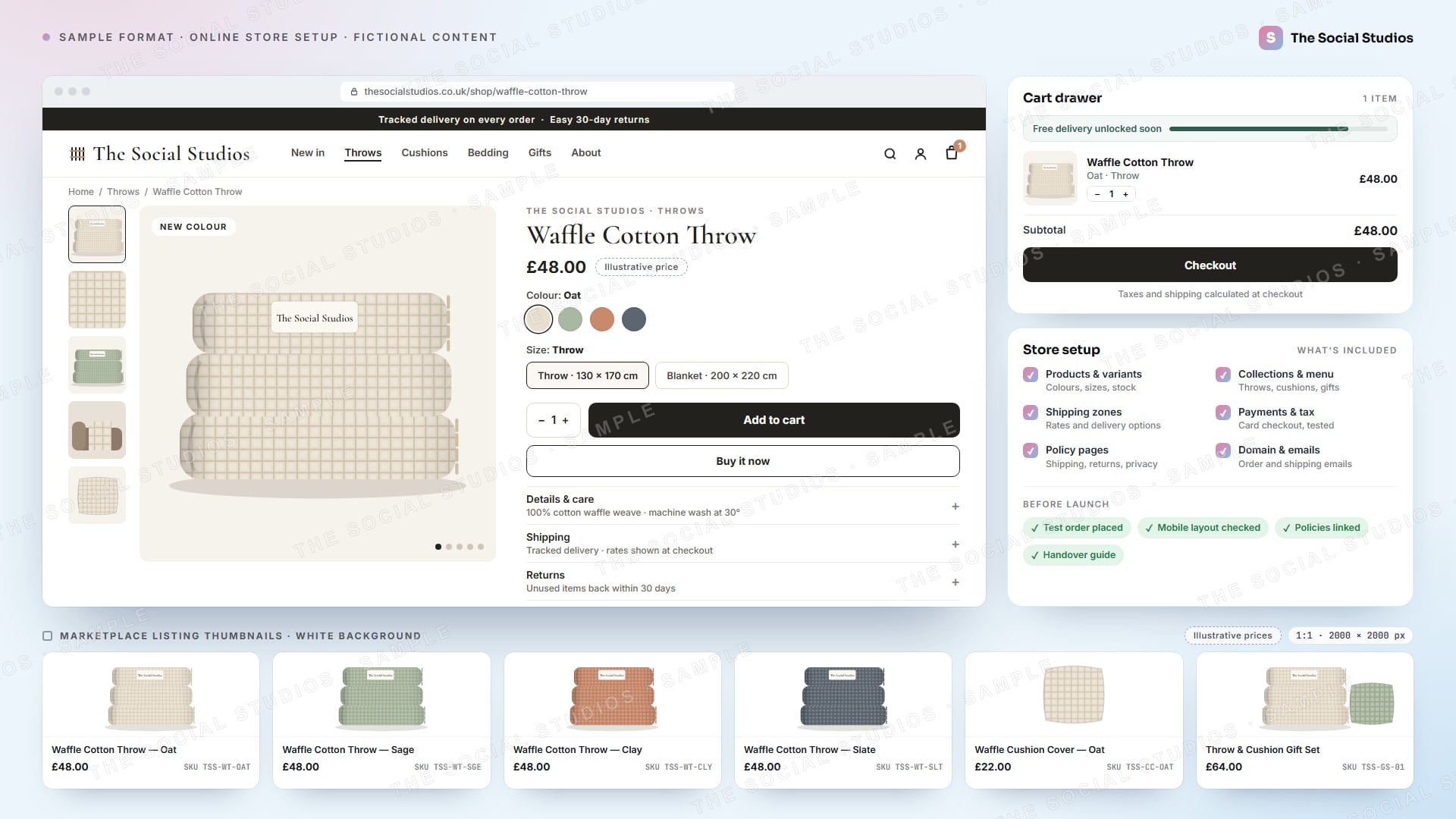 Sample format (illustrative): online store product page for The Social Studios selling a waffle cotton throw, with a gallery, colour and size variants, an illustrative price, add to cart, shipping and returns notes, a cart drawer, a store set-up checklist and six marketplace listing thumbnails with illustrative prices