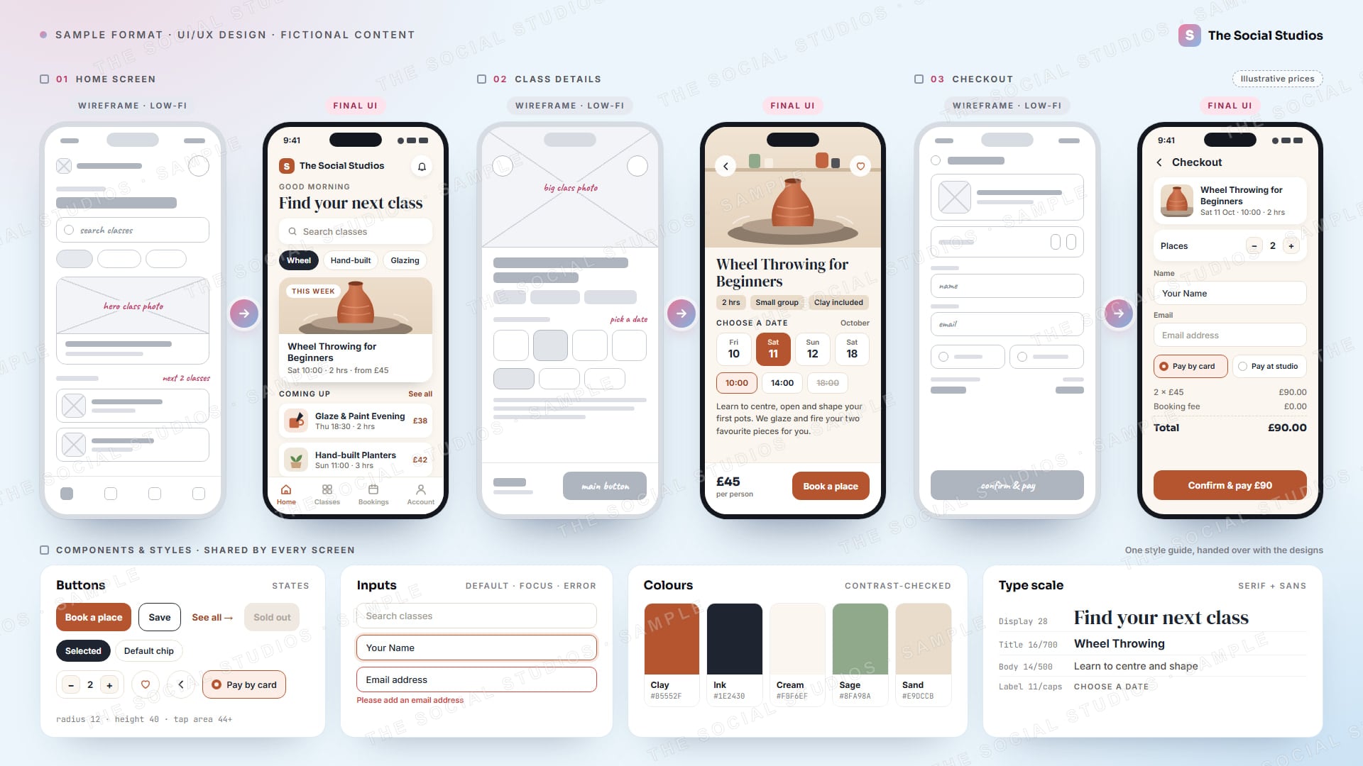 Sample format (illustrative): three mobile app screens for The Social Studios as a pottery class studio (home, class details, checkout), each shown as a low-fi wireframe beside the polished final screen, plus a style row with button, chip and input states, a five-colour palette and a type scale (illustrative prices)