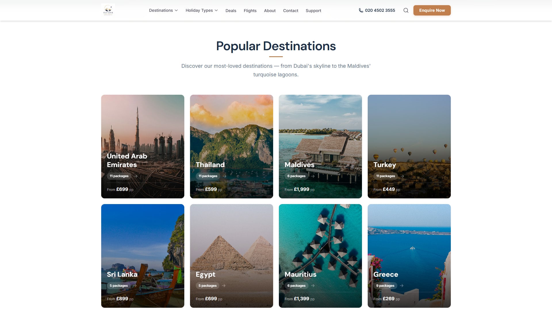 Homepage — popular destinations grid