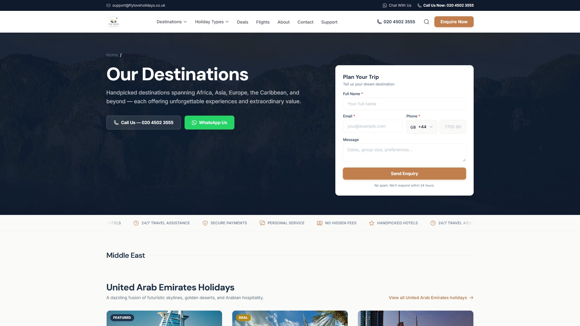 Destinations — hero and plan-your-trip form