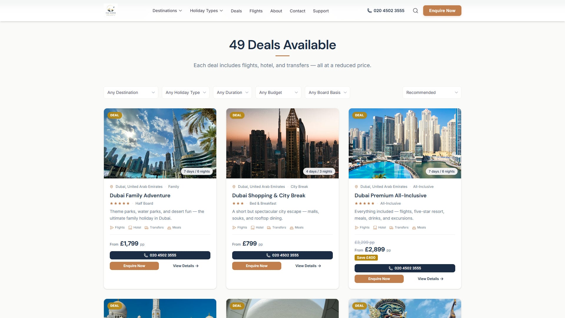 Deals — filters and package cards
