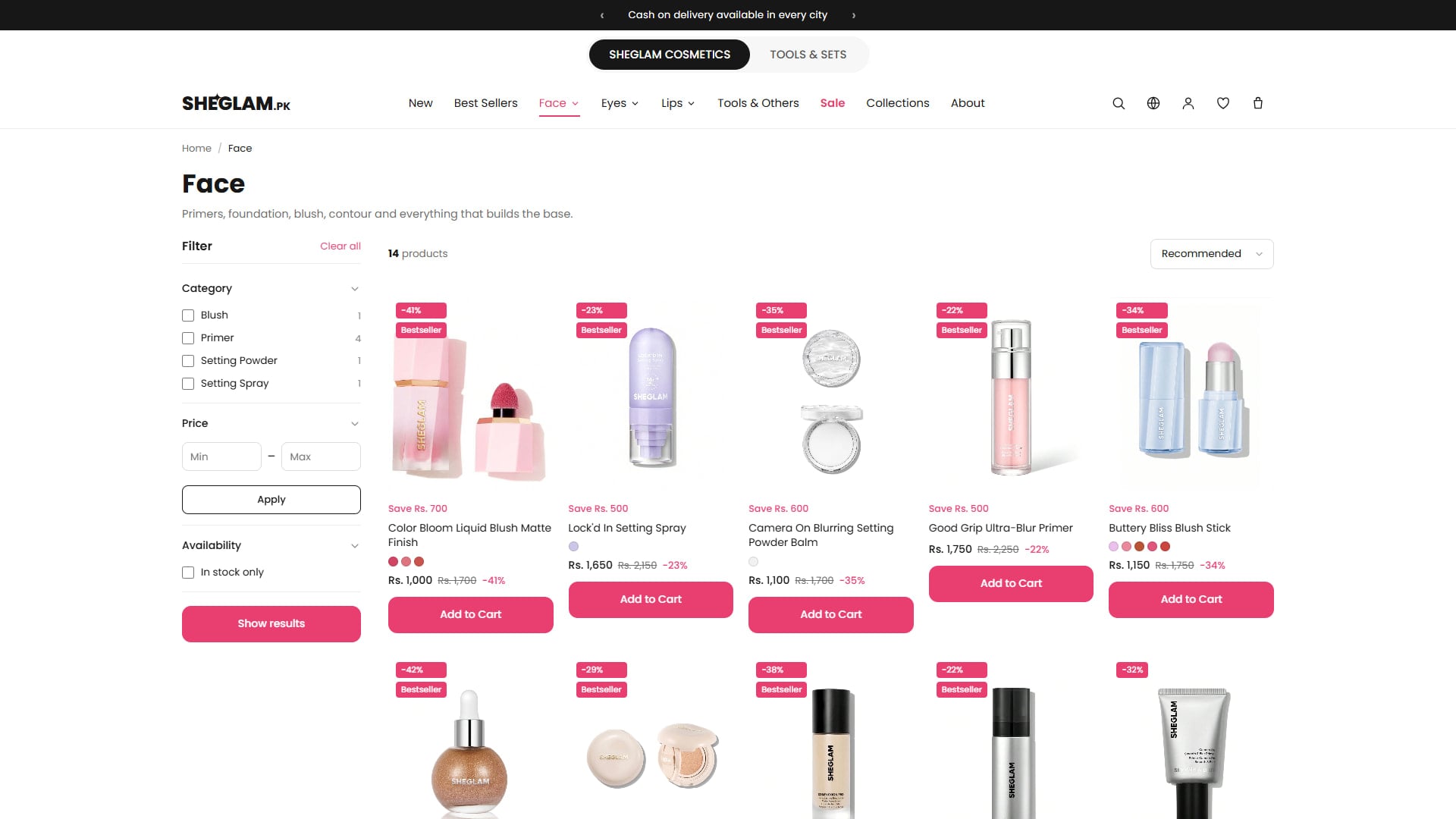 Face category — filters and product grid