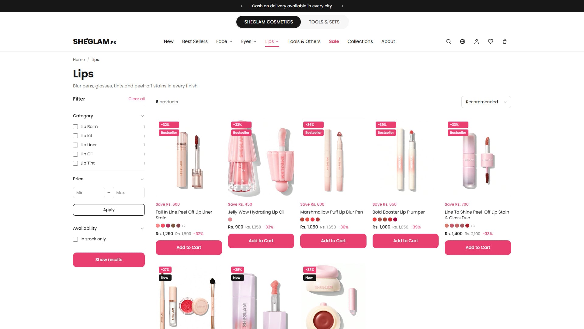 Lips category — filters and product grid