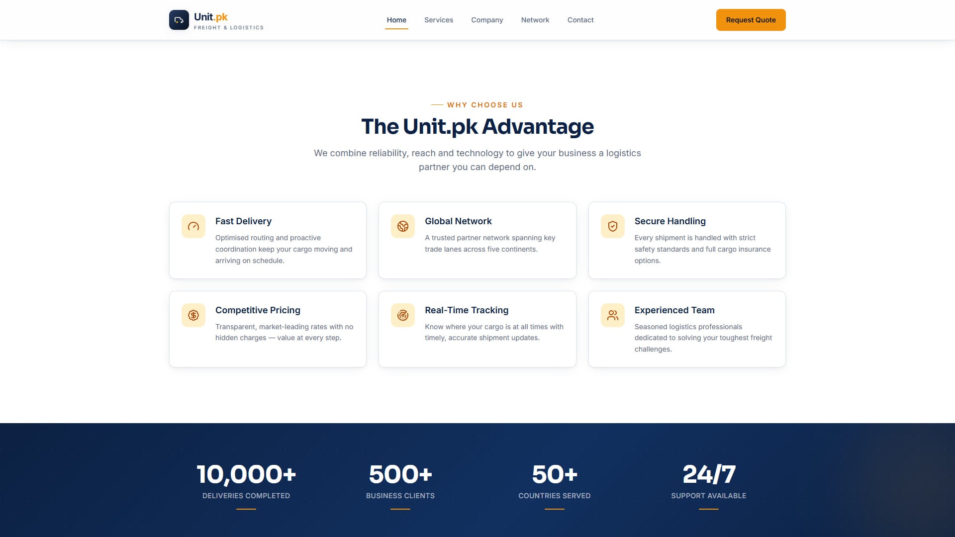 Homepage — why-choose-us cards and stats band