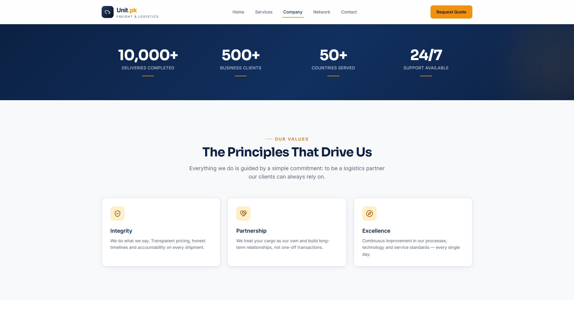 Company — stats band and company values