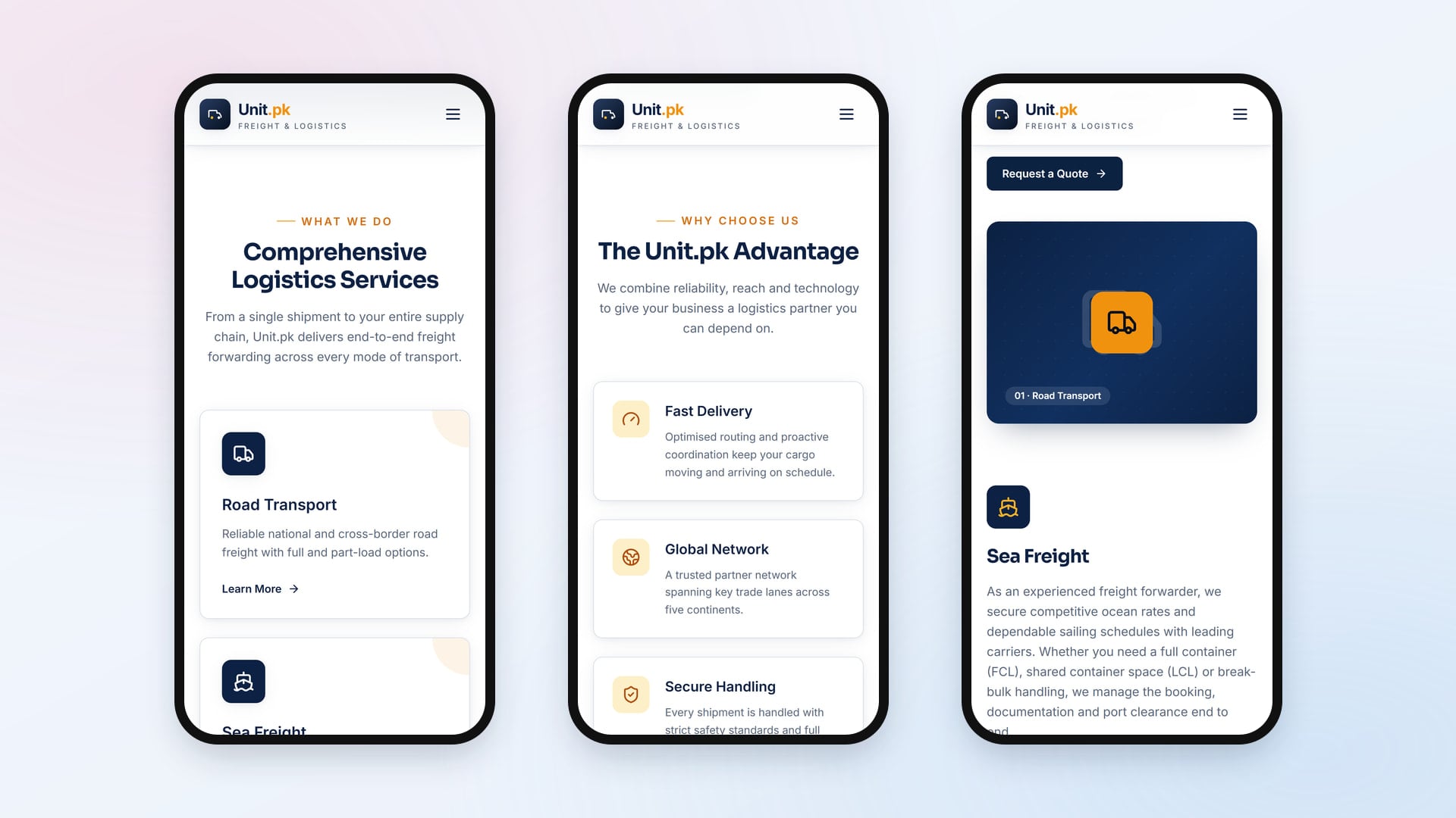 Mobile view — homepage and services page